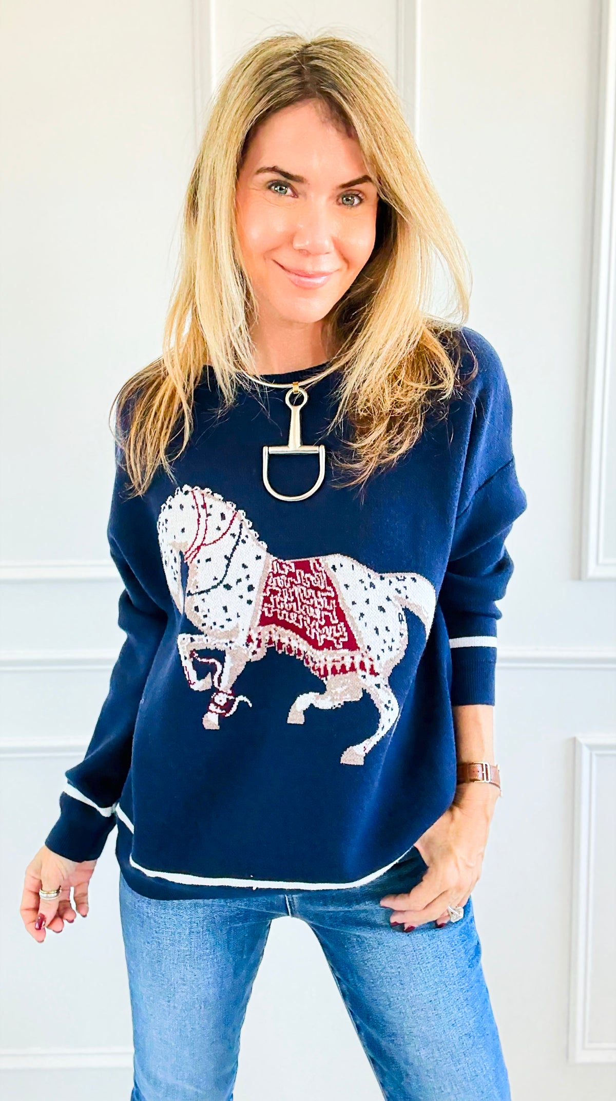 Equestrian Parade Italian Sweater- Navy-140 Sweaters-K2-Coastal Bloom Boutique, find the trendiest versions of the popular styles and looks Located in Indialantic, FL