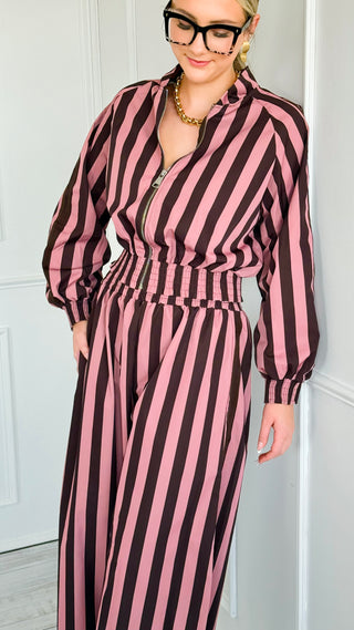 Contrast Italian Stripe Zip Bomber Jacket - Mauve/ Brown