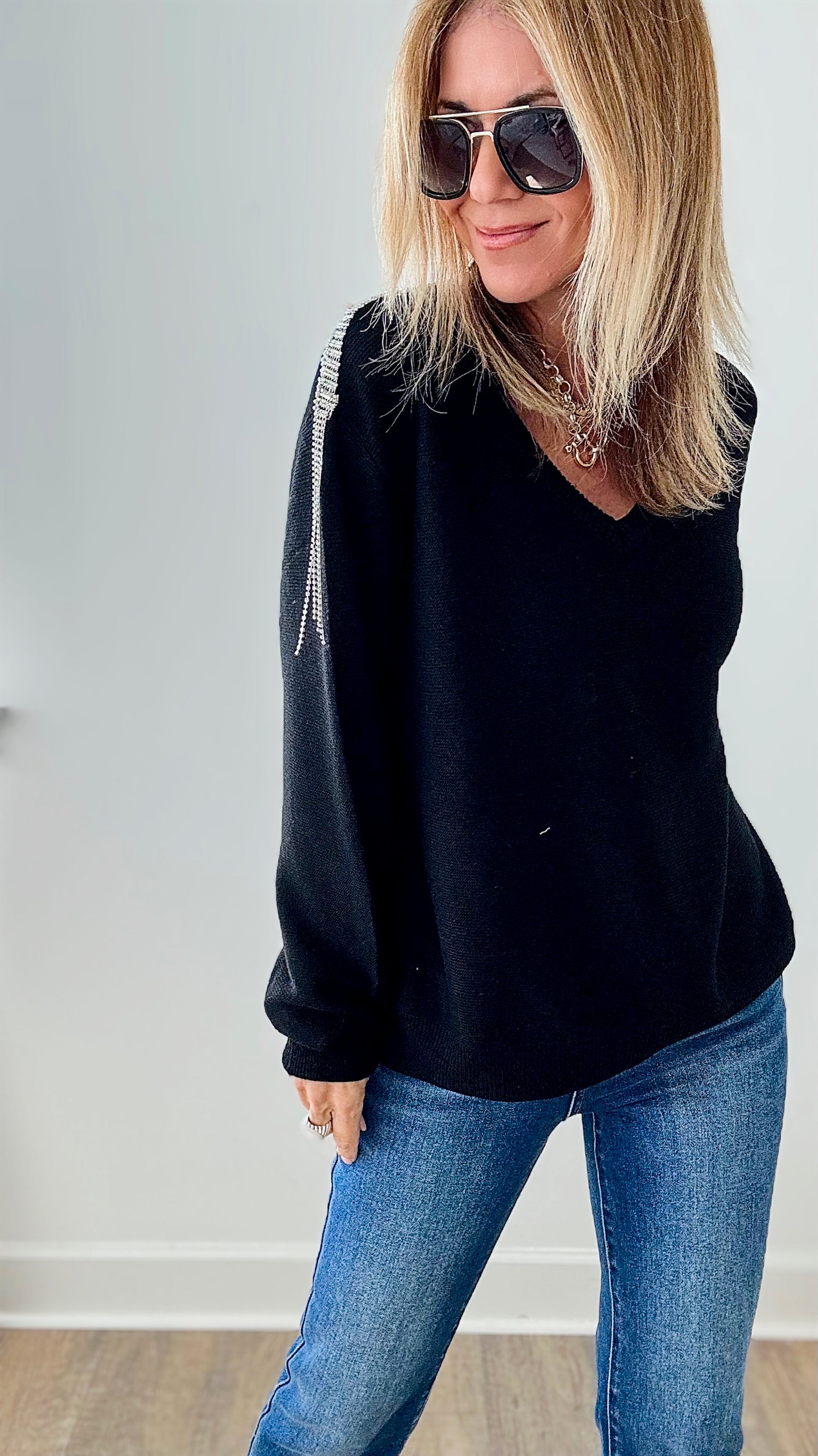Rhinestone Epaulette V Neck Sweater-140 Sweaters-Zannza Couture-Coastal Bloom Boutique, find the trendiest versions of the popular styles and looks Located in Indialantic, FL