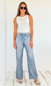 Washed Denim Elastic Waist Pants - Light Denim-170 Bottoms-oddi-Coastal Bloom Boutique, find the trendiest versions of the popular styles and looks Located in Indialantic, FL