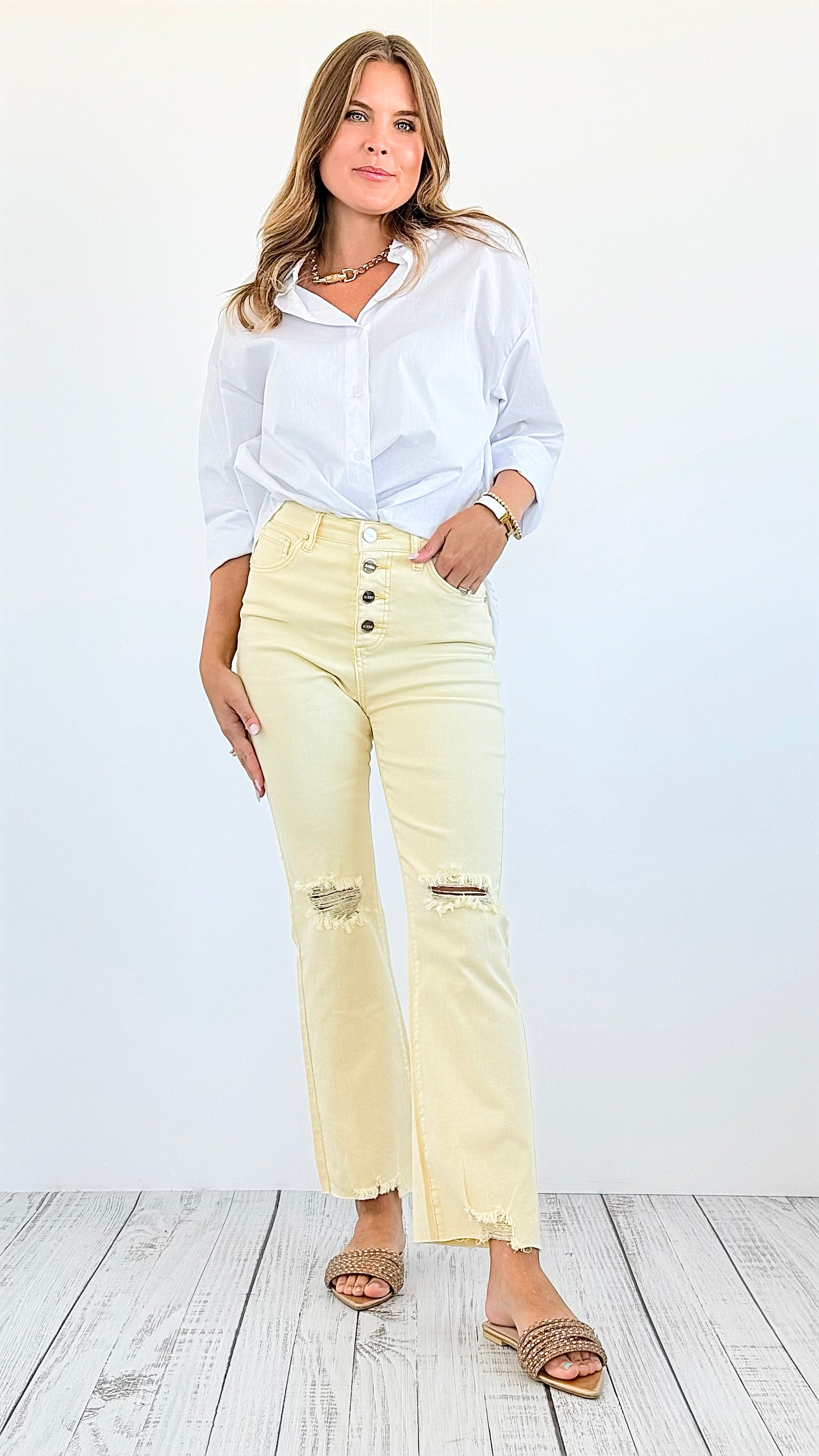 Pale Yellow Acid Wash Distressed Ankle Straight Jeans-190 Denim-Risen-Coastal Bloom Boutique, find the trendiest versions of the popular styles and looks Located in Indialantic, FL