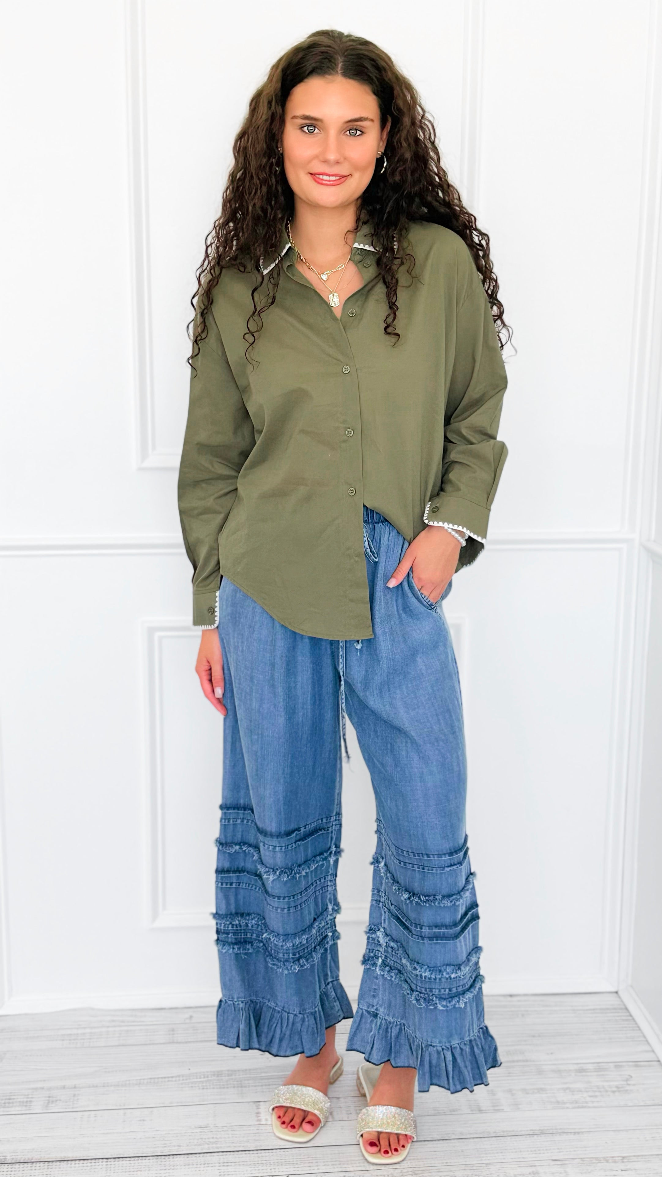 Delicate Edge Embroidered Blouse- Olive-170 Bottoms-V SKY-Coastal Bloom Boutique, find the trendiest versions of the popular styles and looks Located in Indialantic, FL