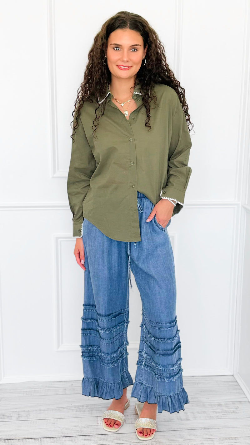 Delicate Edge Embroidered Blouse- Olive-170 Bottoms-V SKY-Coastal Bloom Boutique, find the trendiest versions of the popular styles and looks Located in Indialantic, FL