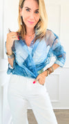 Denim Print Buttoned Down Sheer Blouse-130 Long Sleeve Tops-LA' ROS-Coastal Bloom Boutique, find the trendiest versions of the popular styles and looks Located in Indialantic, FL