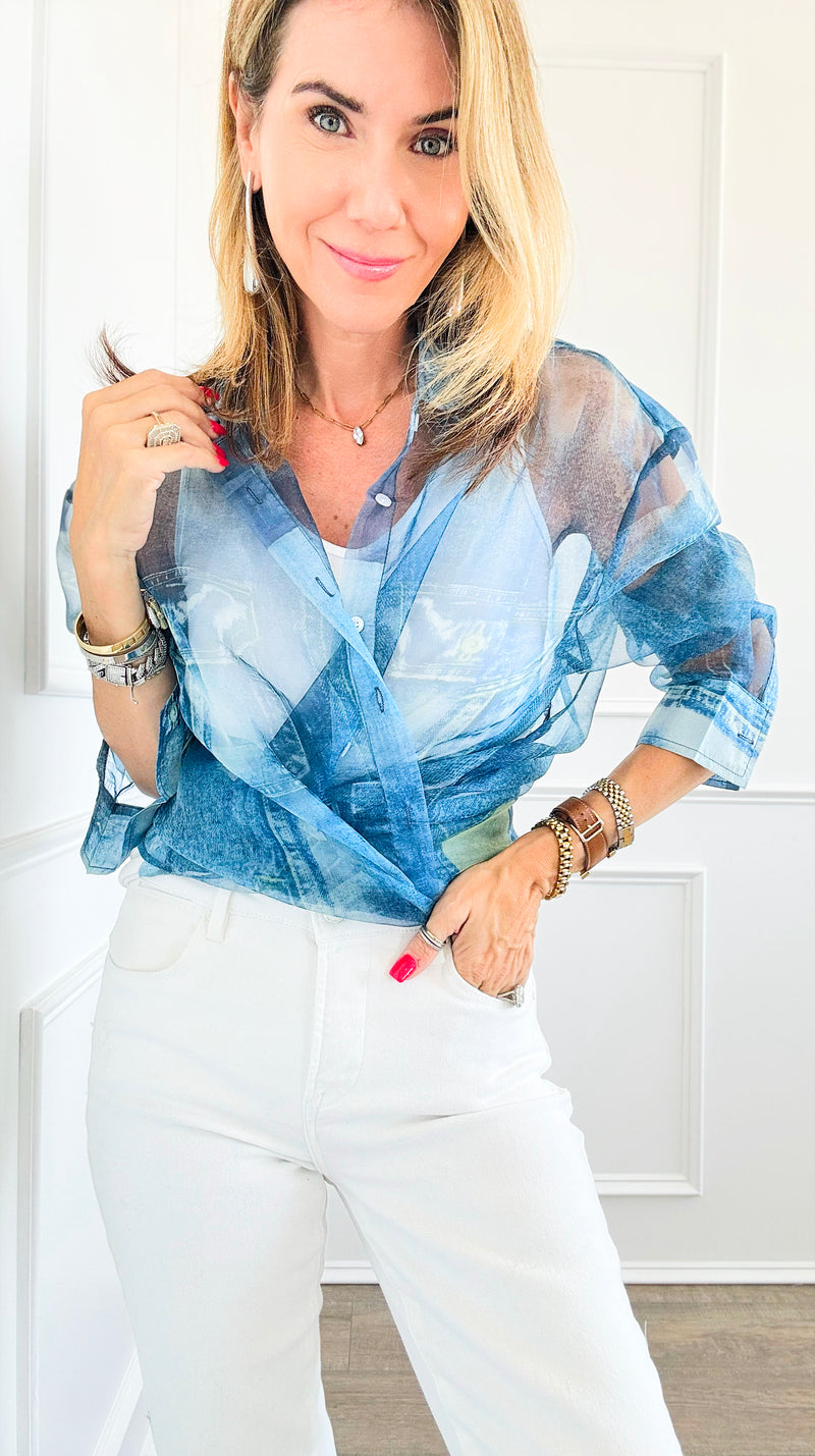 Denim Print Buttoned Down Sheer Blouse-130 Long Sleeve Tops-LA' ROS-Coastal Bloom Boutique, find the trendiest versions of the popular styles and looks Located in Indialantic, FL