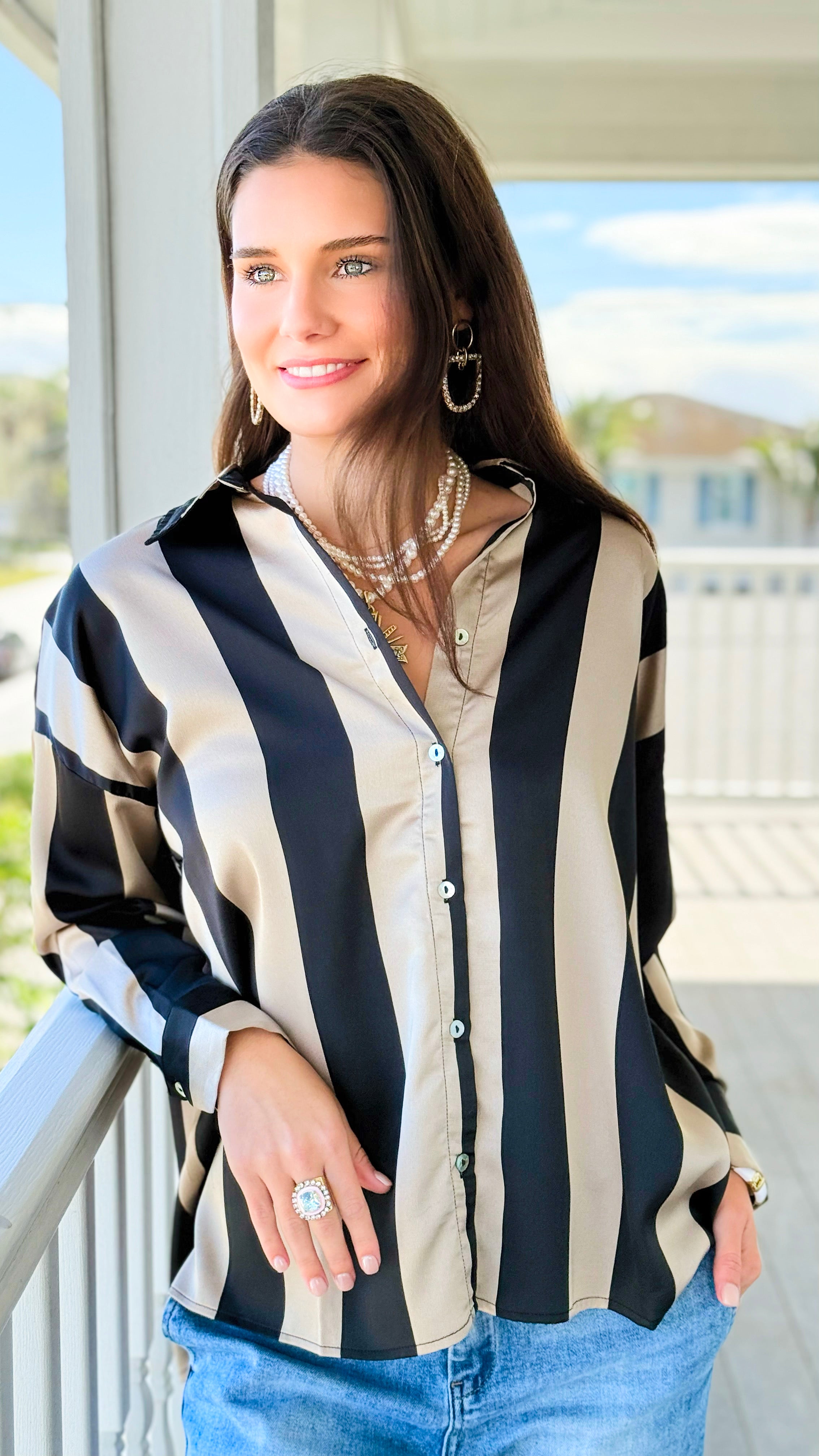 Oxford Lane Rugby Stripe Blouse-110 Long Sleeve Tops-DOE AND RAE-Coastal Bloom Boutique, find the trendiest versions of the popular styles and looks Located in Indialantic, FL