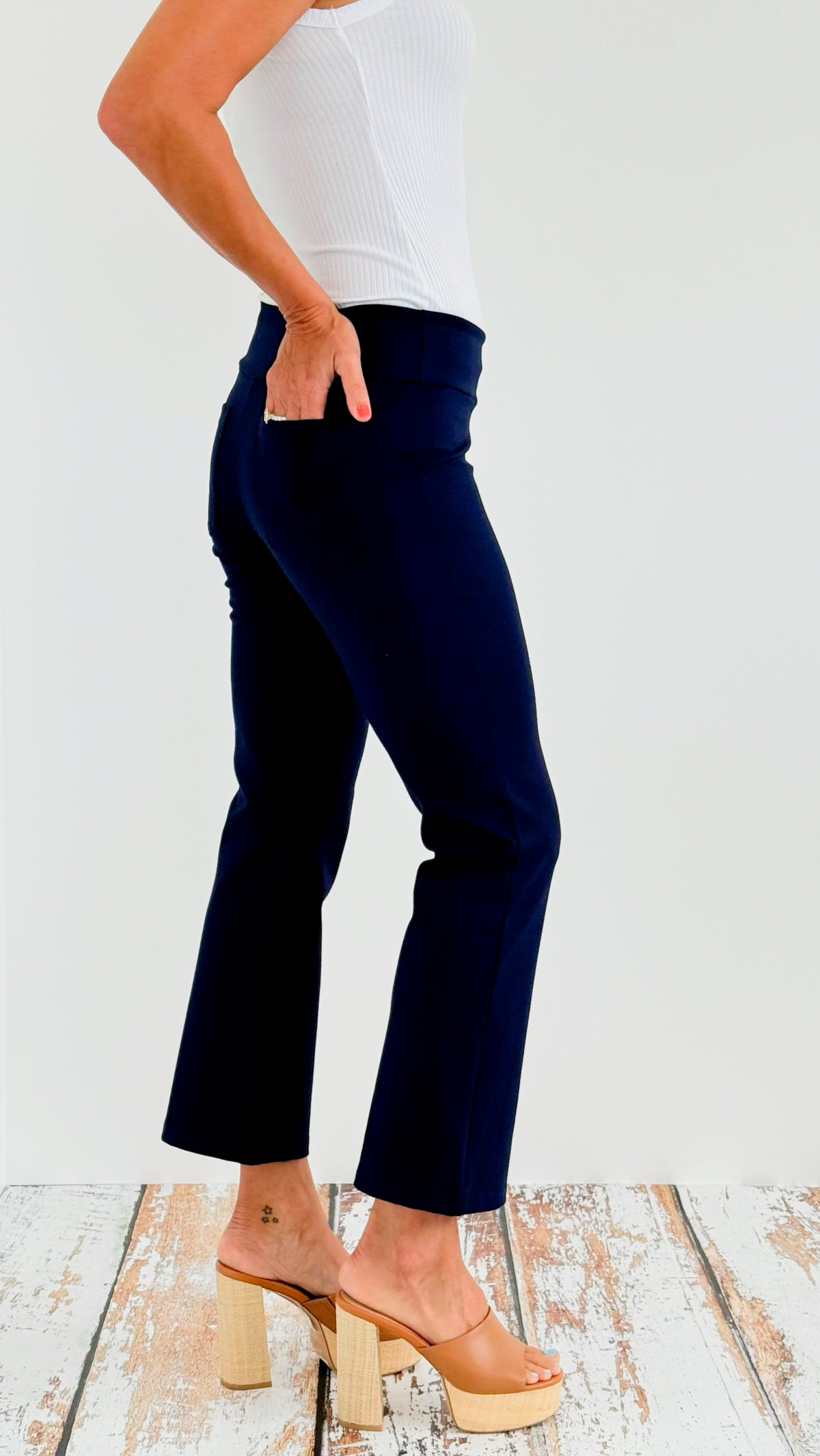 Cropped Capri Flair Pant - Navy-170 Bottoms-Chatoyant-Coastal Bloom Boutique, find the trendiest versions of the popular styles and looks Located in Indialantic, FL