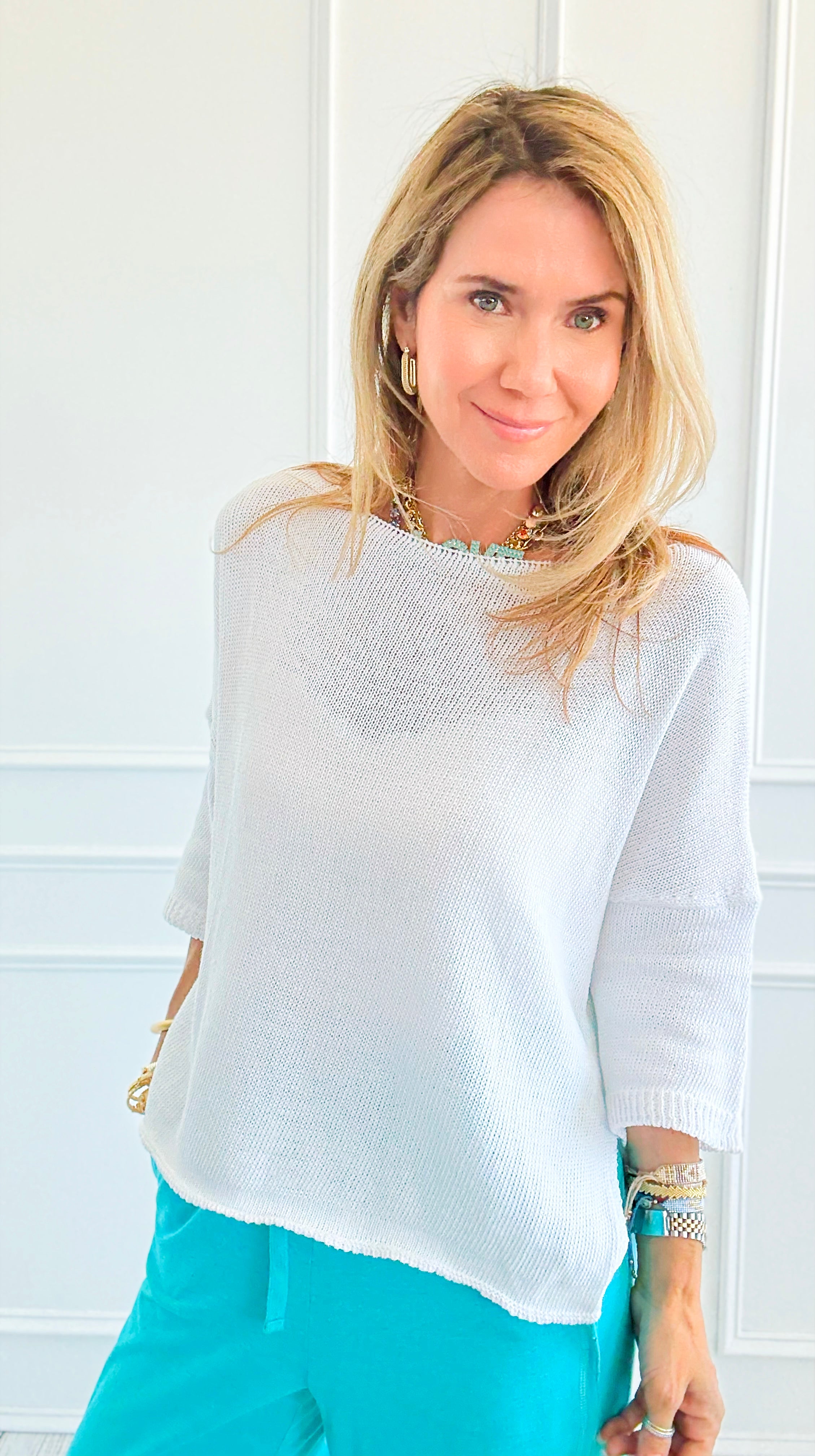 Cloud Day Short Sleeve Italian Knit Top- White-110 short Sleeve Top-NSP-Coastal Bloom Boutique, find the trendiest versions of the popular styles and looks Located in Indialantic, FL