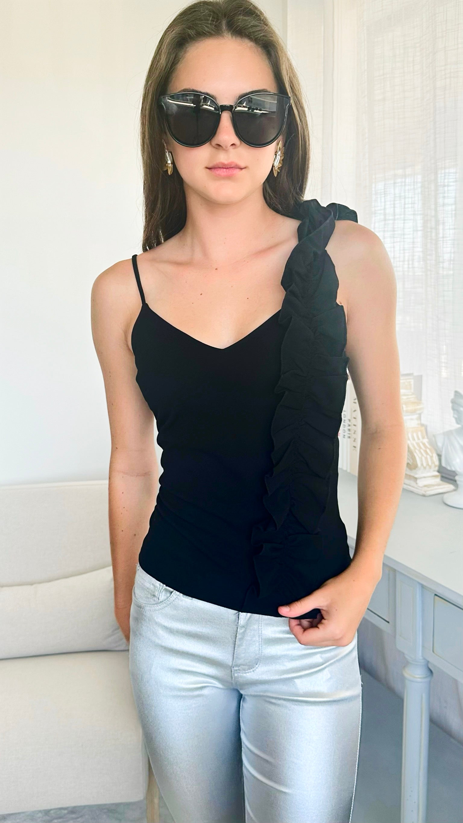 Solid One Shoulder Ruffled Top - Black-100 Sleeveless Tops-Nylon Apparel-Coastal Bloom Boutique, find the trendiest versions of the popular styles and looks Located in Indialantic, FL