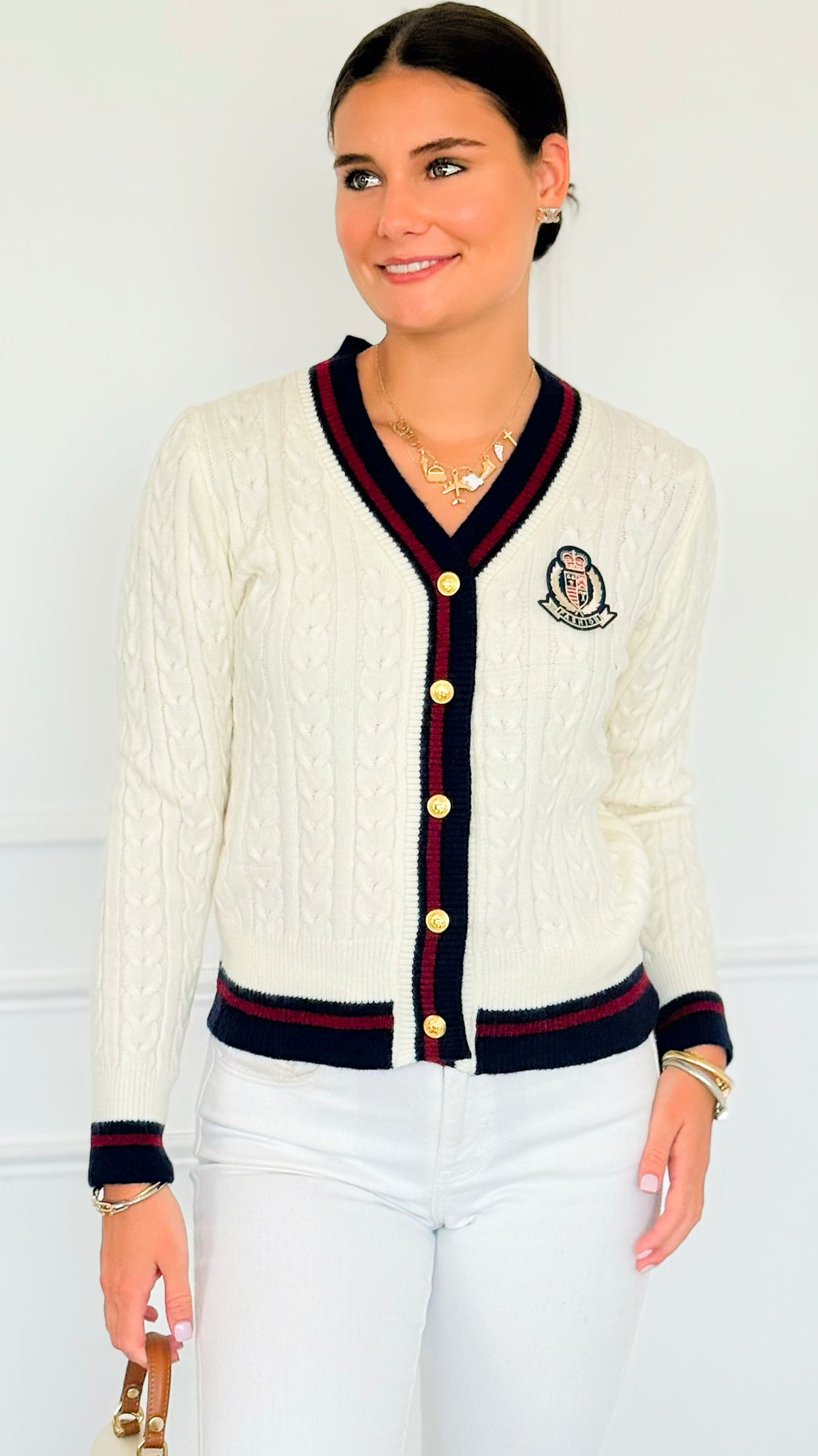 Fashion Varsity Italian Cardigan Sweater-Off White-150 Cardigans/Layers-Italianissimo-Coastal Bloom Boutique, find the trendiest versions of the popular styles and looks Located in Indialantic, FL