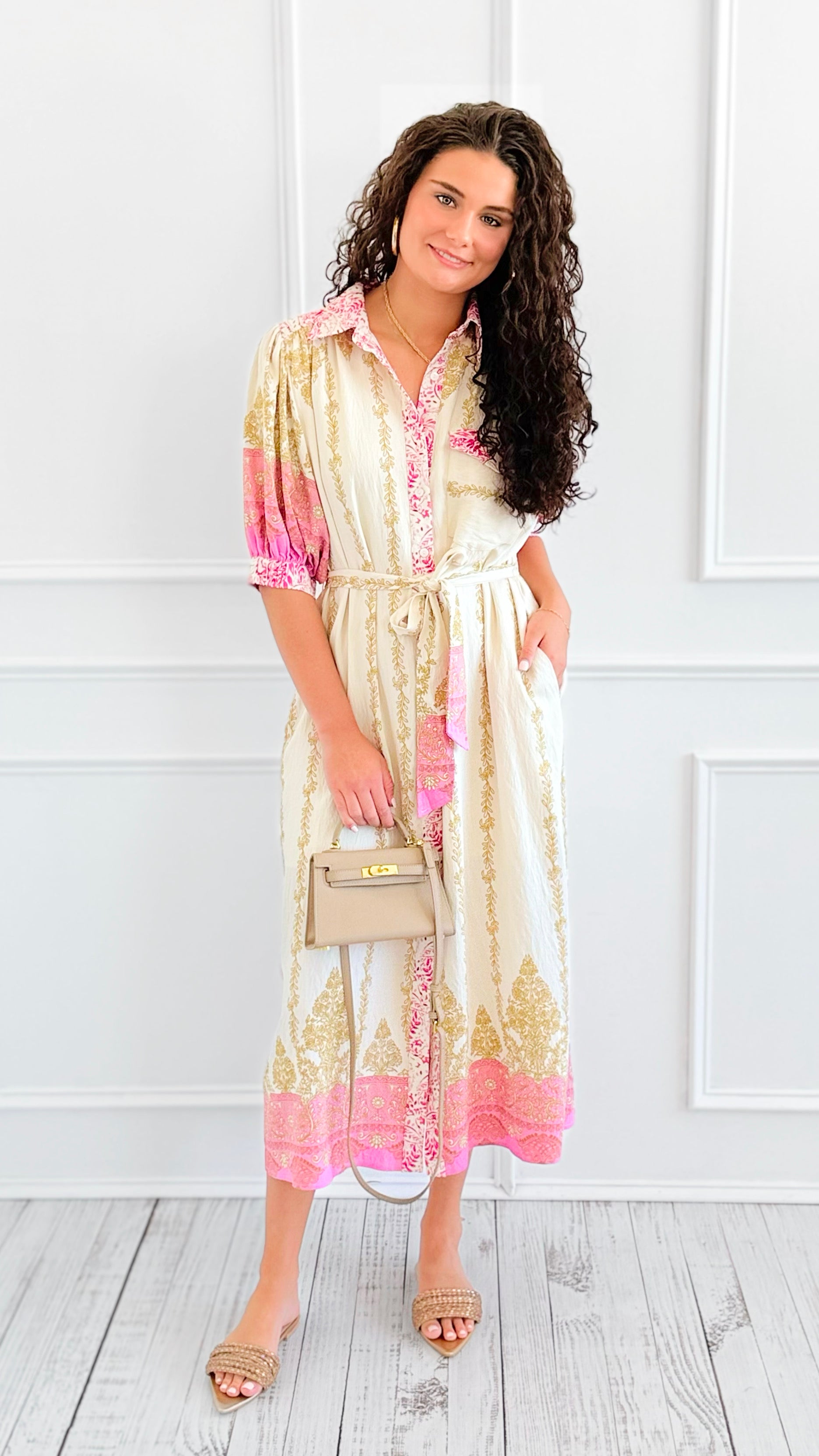 Baroque Border Belted Midi Dress-200 Dresses/Jumpsuits/Rompers-entro-Coastal Bloom Boutique, find the trendiest versions of the popular styles and looks Located in Indialantic, FL