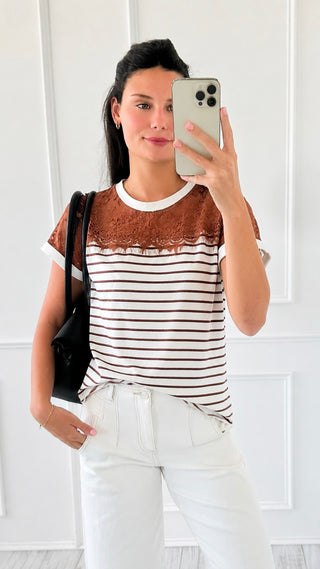 Lace Stripe Top - Coffee
