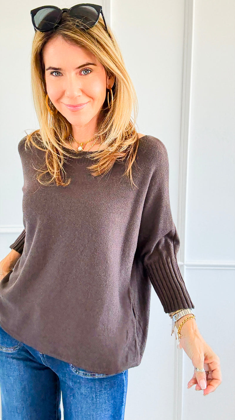 Break Free Round - Neck 3/4 Sleeve Italian Sweater Top - Espresso-140 Sweaters-J.D. PRONTO MODA-Coastal Bloom Boutique, find the trendiest versions of the popular styles and looks Located in Indialantic, FL