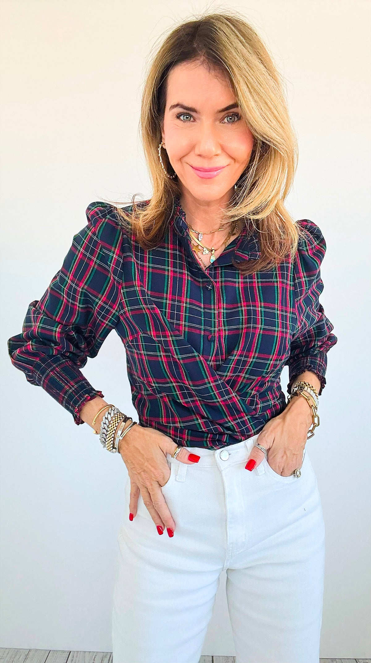 Autumn Plaid Ruffle Button Top- Navy-130 Long Sleeve Tops-SUGARLIPS-Coastal Bloom Boutique, find the trendiest versions of the popular styles and looks Located in Indialantic, FL