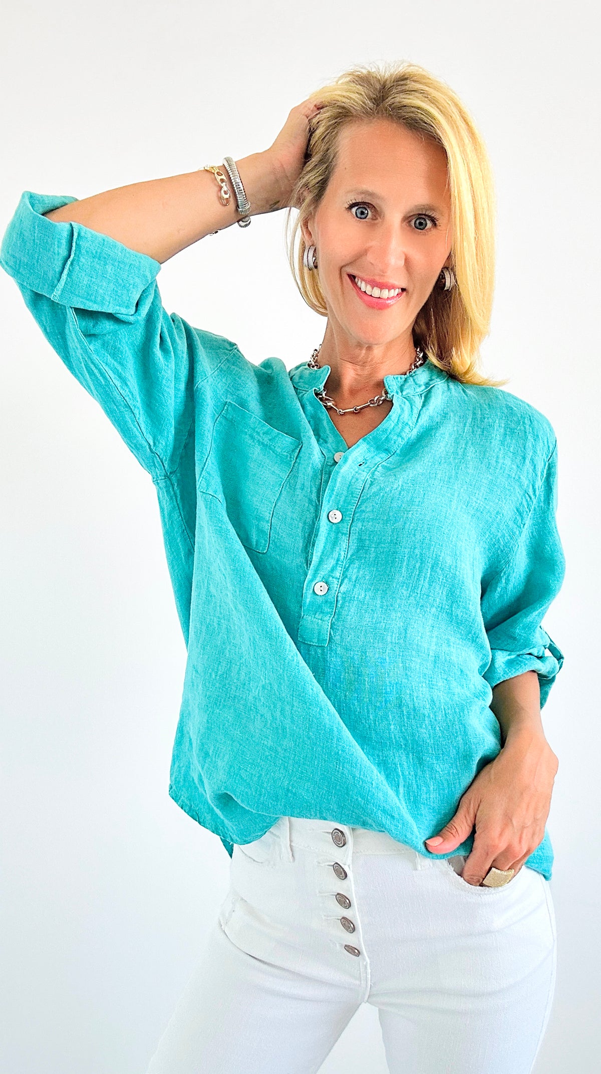 Button Linen Tunic Top - Green-130 Long Sleeve Set-Tempo-Coastal Bloom Boutique, find the trendiest versions of the popular styles and looks Located in Indialantic, FL