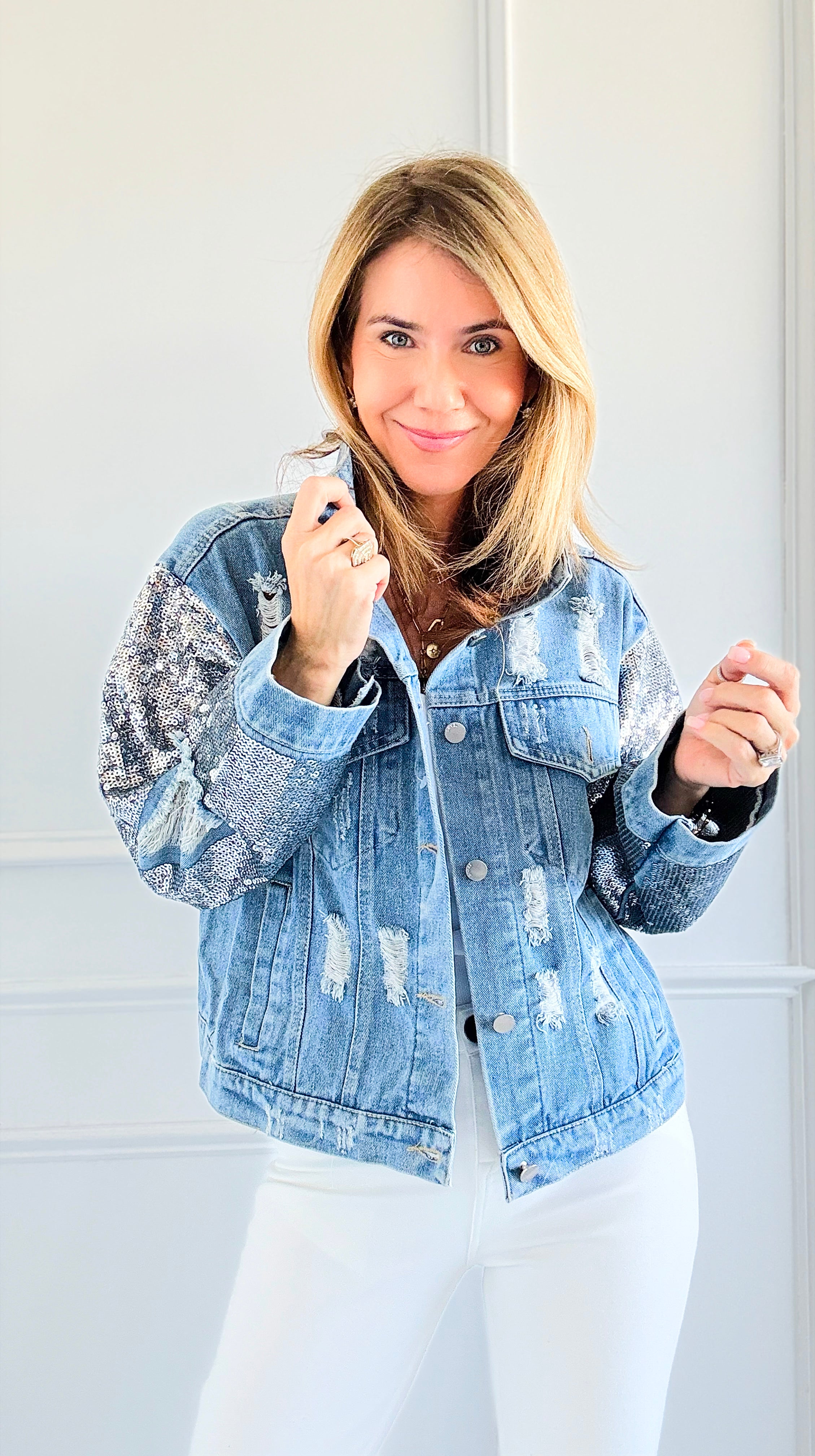 Sequined Distress Statement Jacket-160 Jackets-SALT-Coastal Bloom Boutique, find the trendiest versions of the popular styles and looks Located in Indialantic, FL