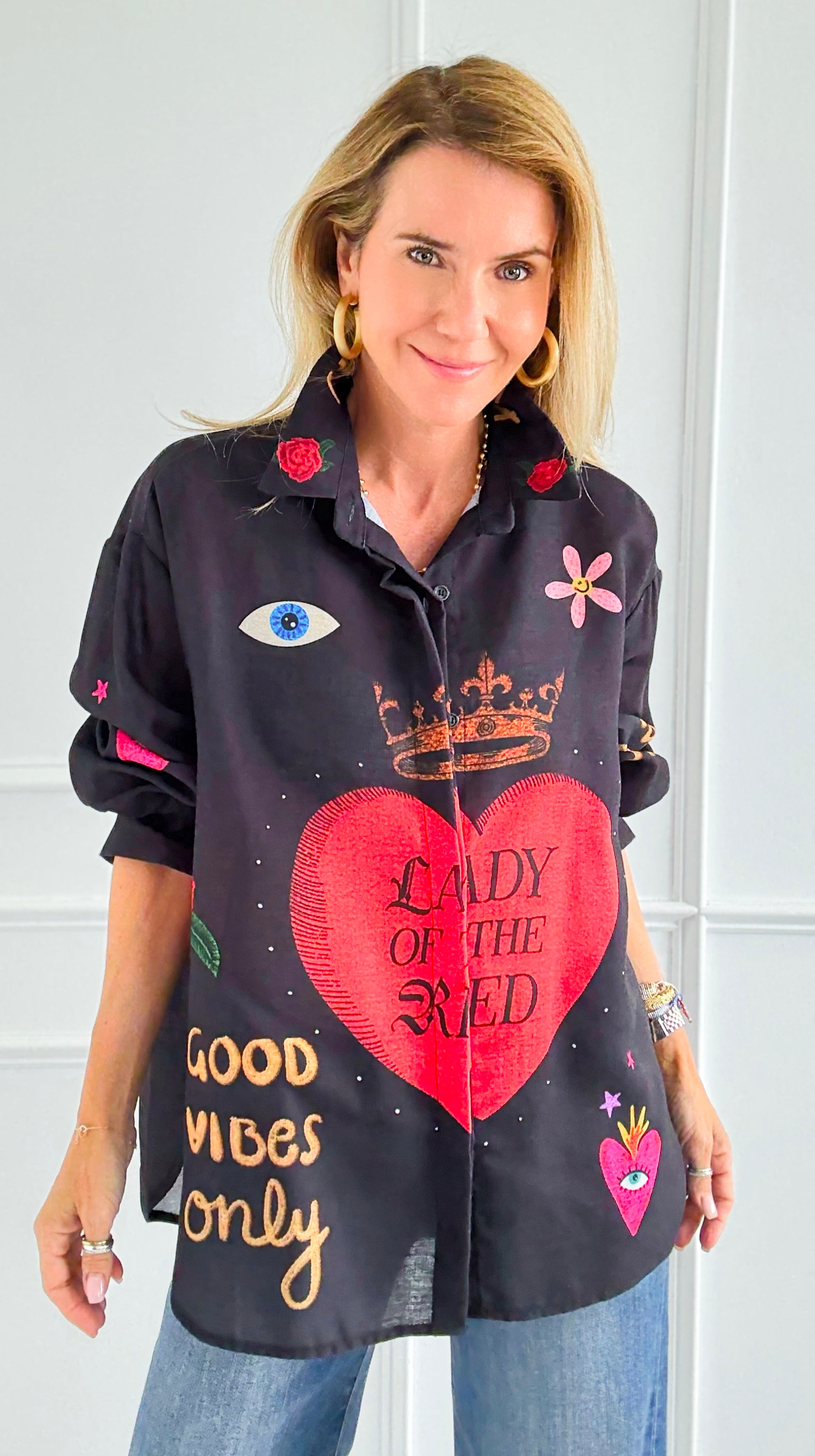 Roses Are Red Italian Blouse-110 Long Sleeve Tops-Italianissimo-Coastal Bloom Boutique, find the trendiest versions of the popular styles and looks Located in Indialantic, FL
