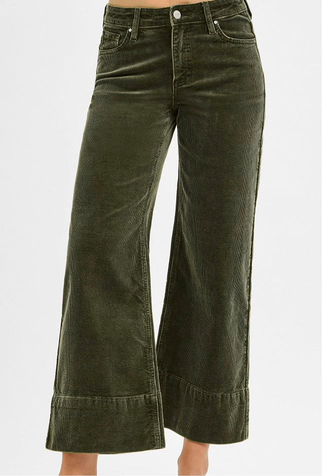 Elevated Corduroy Wide-Leg Cropped Pants-Moss-170 Bottoms-Risen-Coastal Bloom Boutique, find the trendiest versions of the popular styles and looks Located in Indialantic, FL
