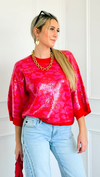 Sequin Animal Print Knit Top - Red