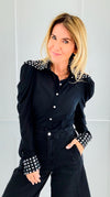 Crystal Collar Power Top-110 Long Sleeve Tops-7Mango7-Coastal Bloom Boutique, find the trendiest versions of the popular styles and looks Located in Indialantic, FL