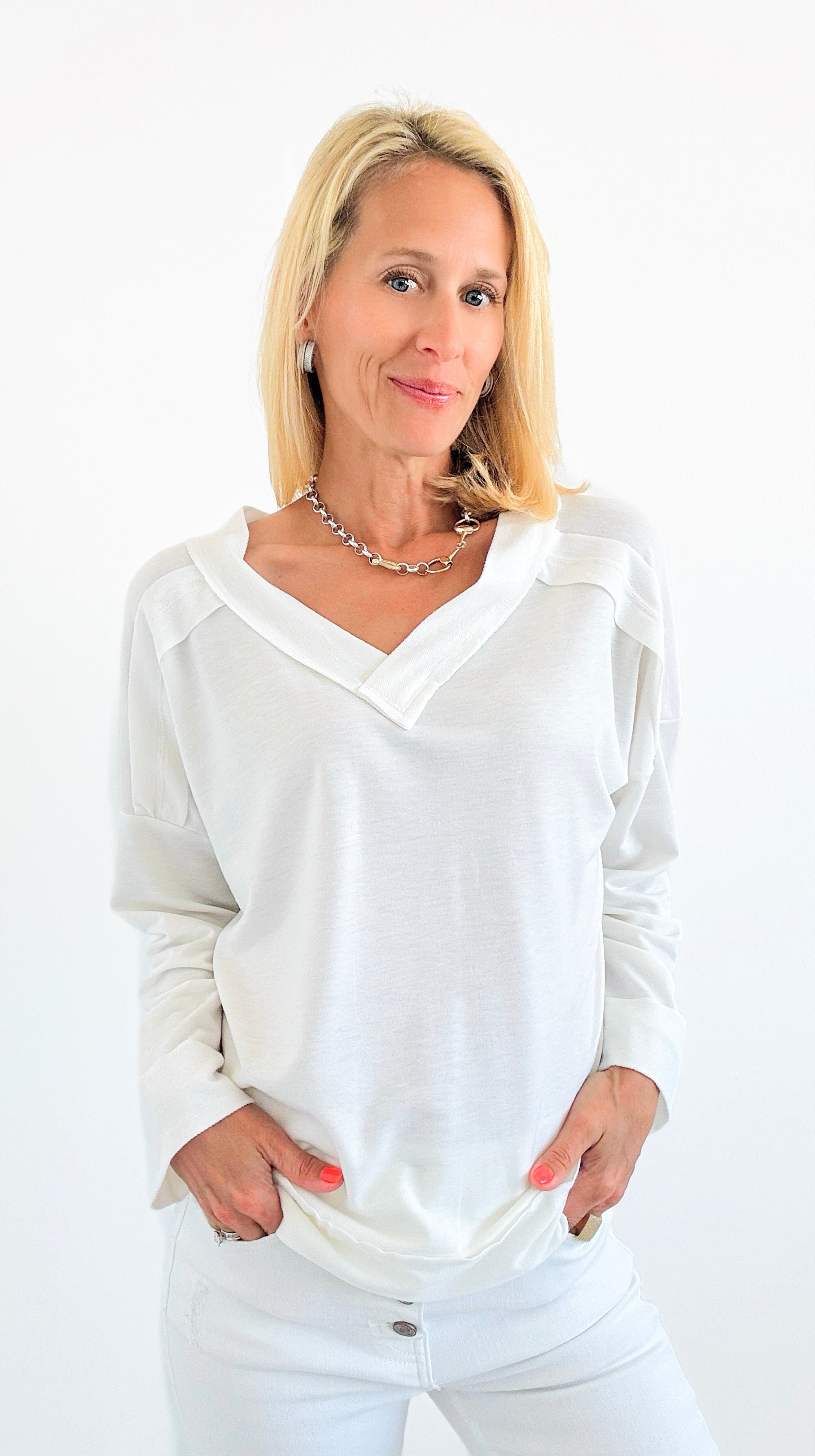 Power Play V-Neck Top - Off White-130 Long Sleeve Tops-Rousseau-Coastal Bloom Boutique, find the trendiest versions of the popular styles and looks Located in Indialantic, FL