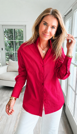 Sutton Italian Button Up Blouse- Red Burgundy