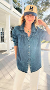 Gathered Detail Acid Wash Denim Blouse-110 Long Sleeve Tops-sew in love-Coastal Bloom Boutique, find the trendiest versions of the popular styles and looks Located in Indialantic, FL