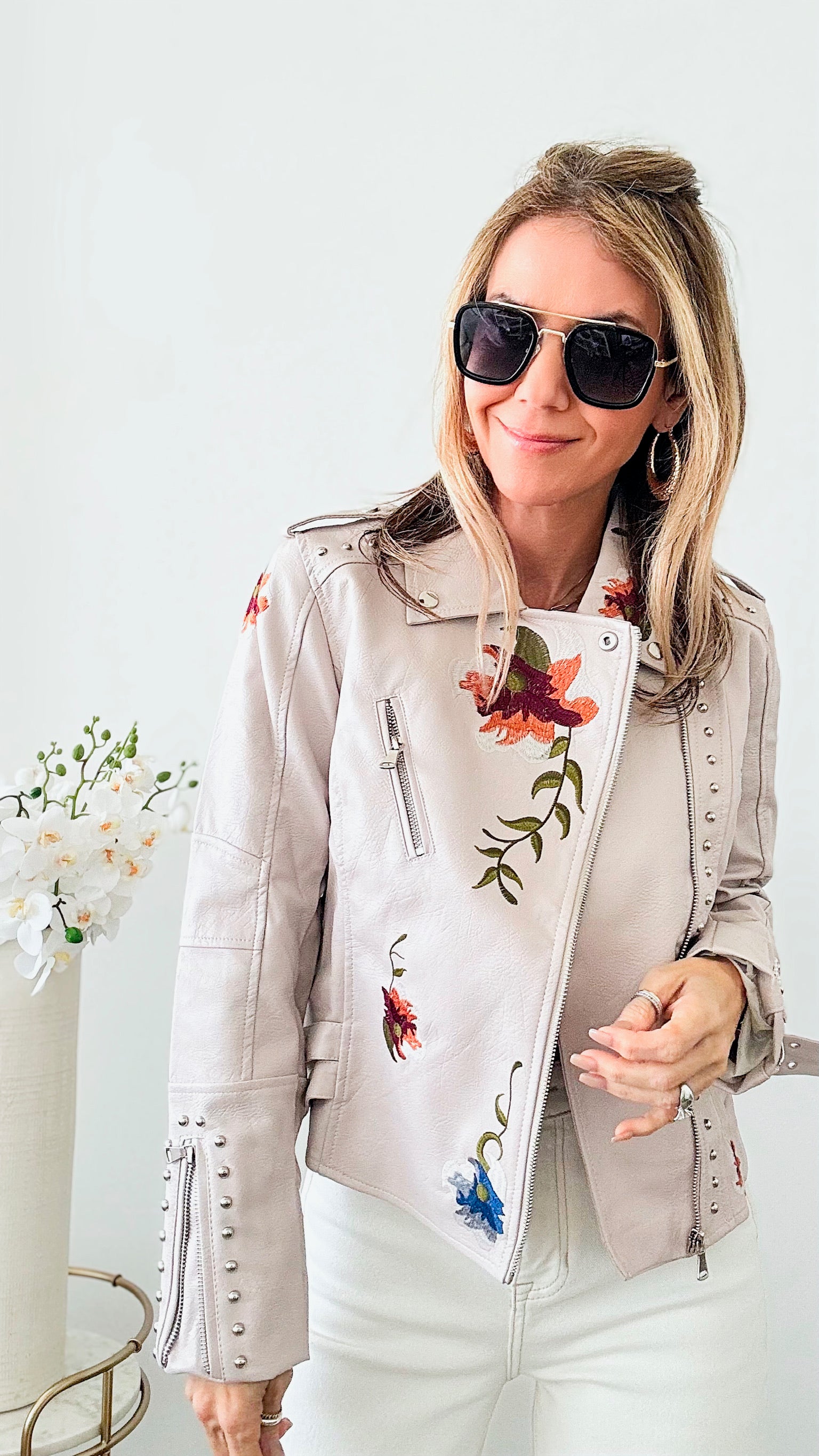 Floral Print Embroidery Faux Soft Leather Jacket-160 Jackets-CBALY-Coastal Bloom Boutique, find the trendiest versions of the popular styles and looks Located in Indialantic, FL