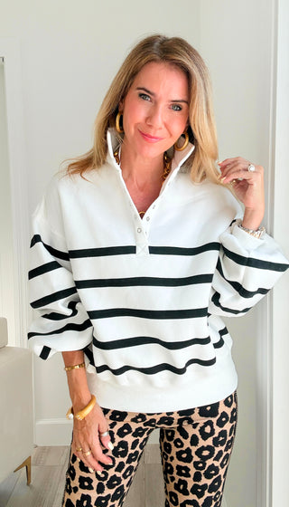 Striped Snap Sweater -  White/Black