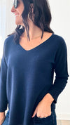 Soho Italian V-Neck Pullover - Navy-140 Sweaters-Italianissimo-Coastal Bloom Boutique, find the trendiest versions of the popular styles and looks Located in Indialantic, FL