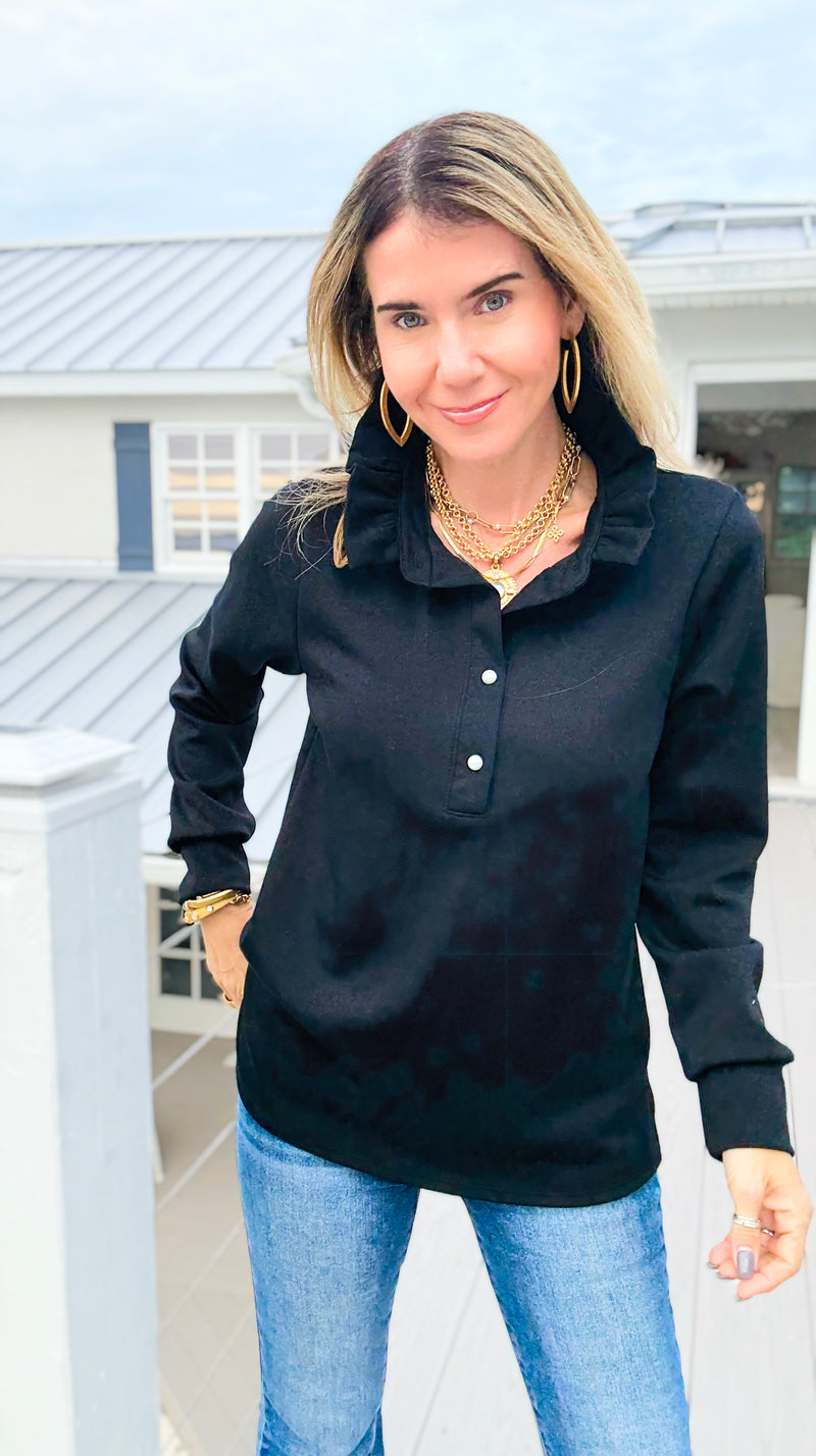 The Juliette Ruffle Long Sleeve Top- Black-110 Long Sleeve Tops-EC COLLECTION INC-Coastal Bloom Boutique, find the trendiest versions of the popular styles and looks Located in Indialantic, FL