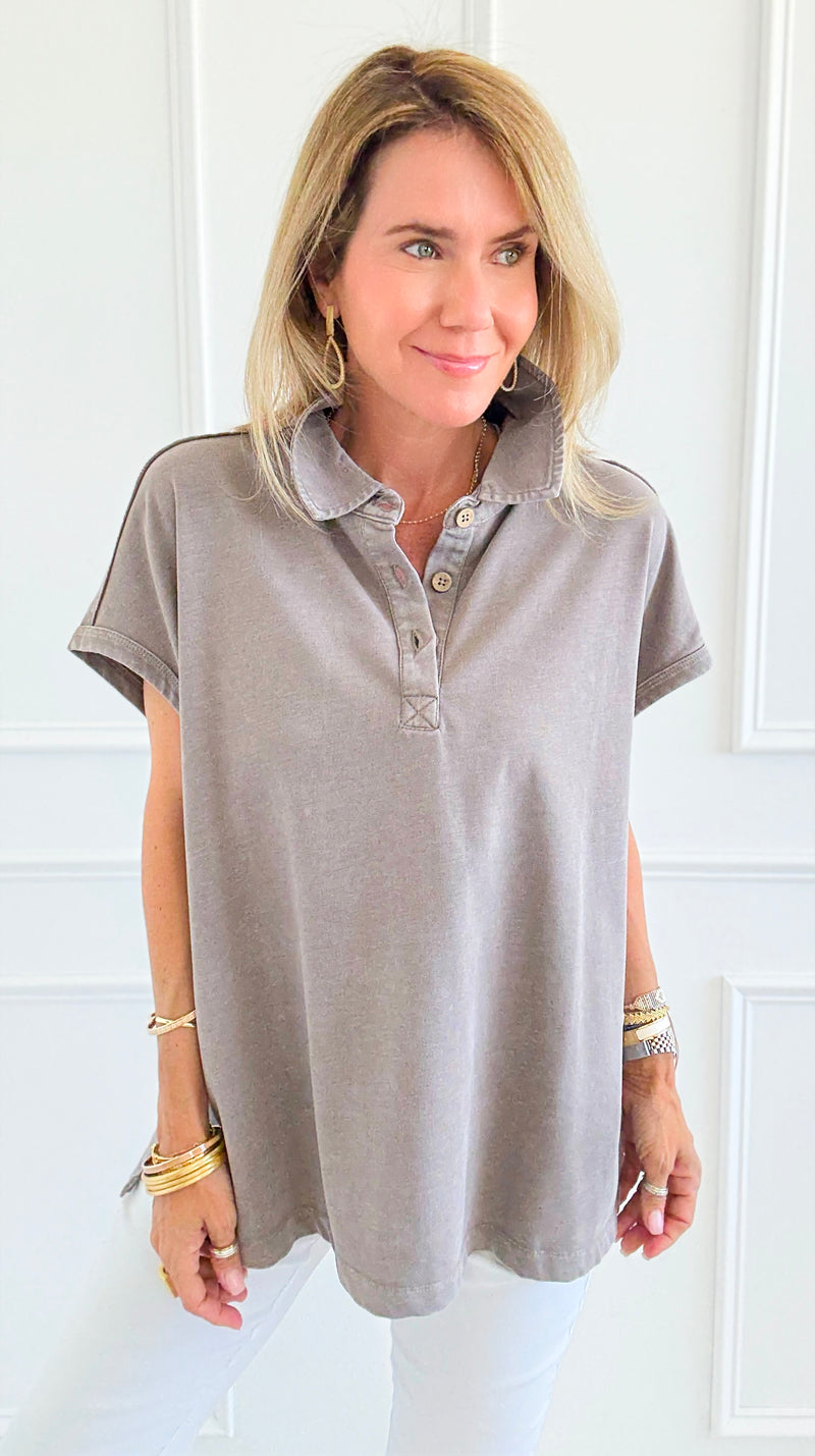 Washed Relax Polo Top - Mocha-110 Short Sleeve Tops-Rae Mode-Coastal Bloom Boutique, find the trendiest versions of the popular styles and looks Located in Indialantic, FL