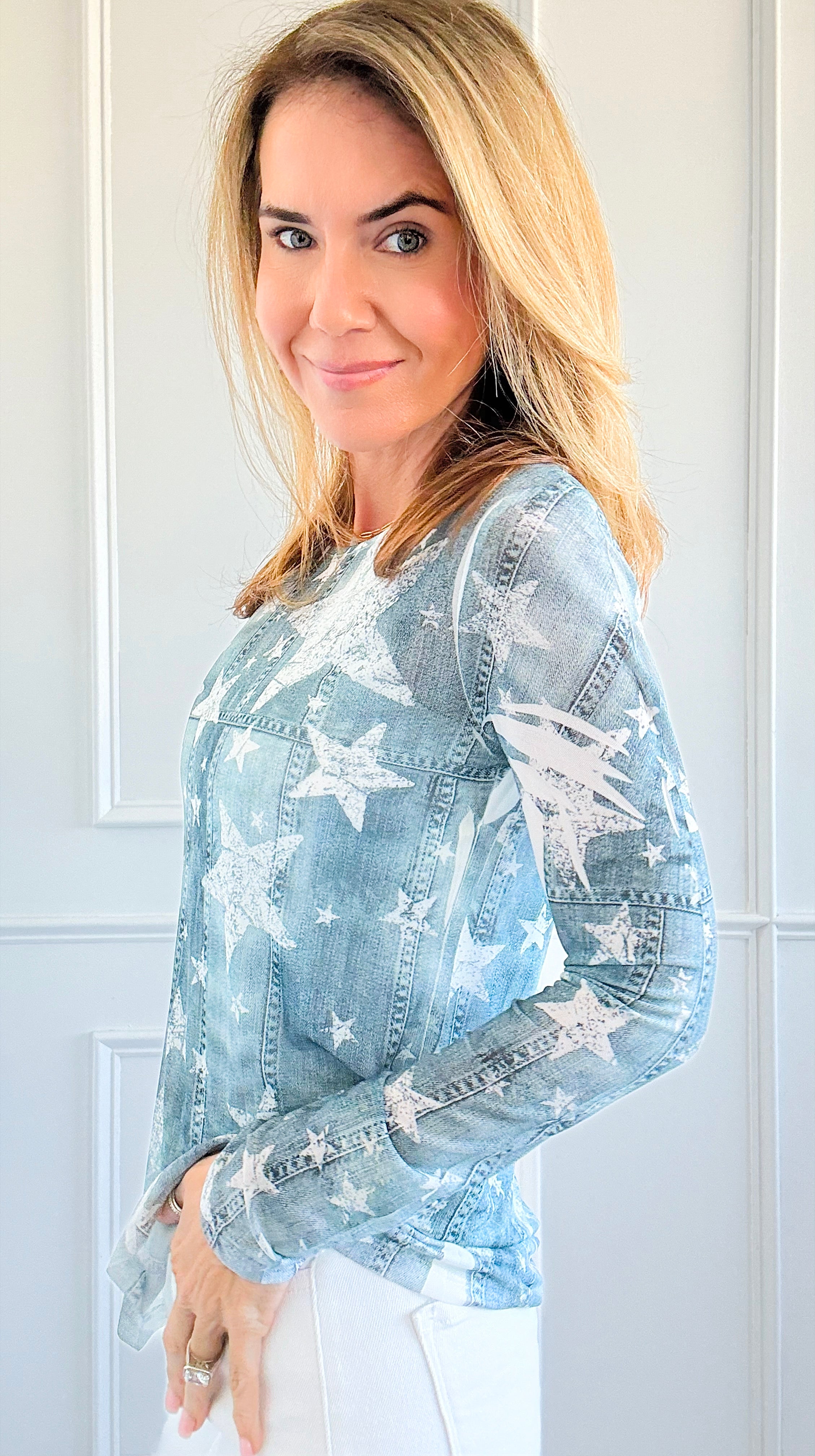 Starry Denim Long Sleeve Top-110 Long Sleeve Tops-Origami Fashion Inc-Coastal Bloom Boutique, find the trendiest versions of the popular styles and looks Located in Indialantic, FL