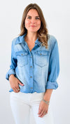 The Everyday Button-Up Denim Blouse-110 Long Sleeve Tops-VENTI6 OUTLET-Coastal Bloom Boutique, find the trendiest versions of the popular styles and looks Located in Indialantic, FL