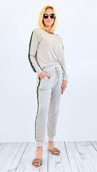 Glitter Trim Cozy Jogger Set - Stone-170 Bottoms-mystree-Coastal Bloom Boutique, find the trendiest versions of the popular styles and looks Located in Indialantic, FL