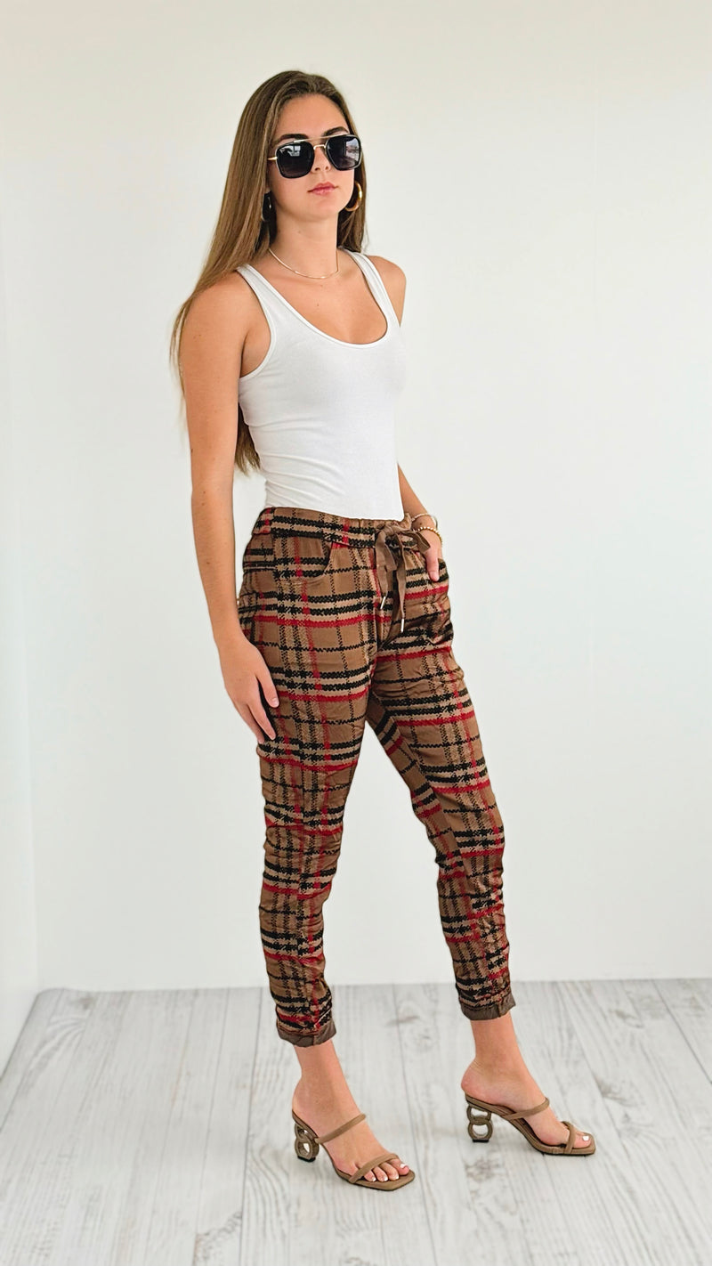 Plaid Wish List Italian Joggers- Camel-pants-Italianissimo-Coastal Bloom Boutique, find the trendiest versions of the popular styles and looks Located in Indialantic, FL