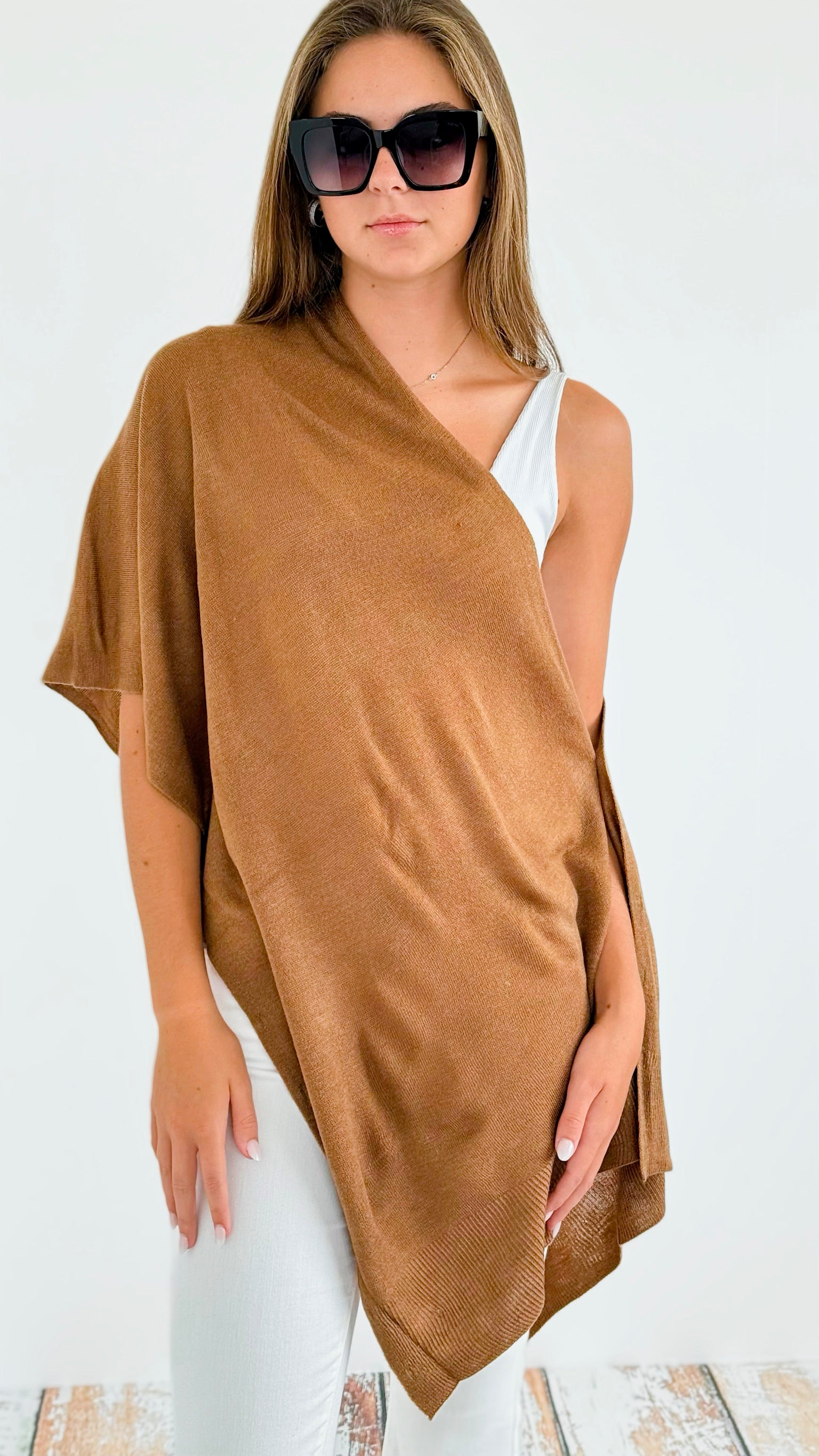 Solid V-Neck with Buttons Poncho - Khaki-150 Cardigans/Layers-NYW-Coastal Bloom Boutique, find the trendiest versions of the popular styles and looks Located in Indialantic, FL