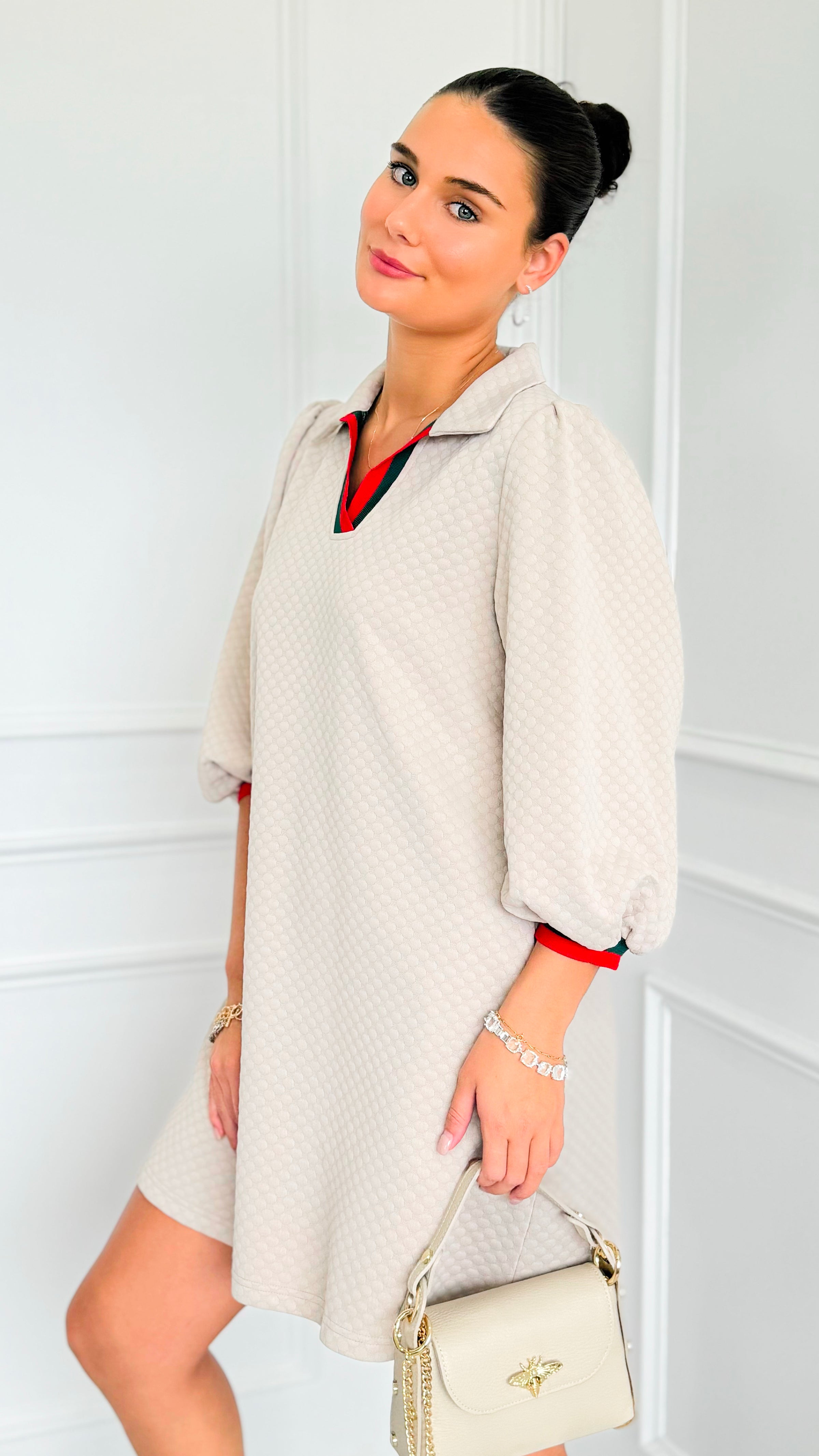 Prep School Puff Sleeve Dress - Beige-200 Dresses/Jumpsuits/Rompers-JODIFL-Coastal Bloom Boutique, find the trendiest versions of the popular styles and looks Located in Indialantic, FL