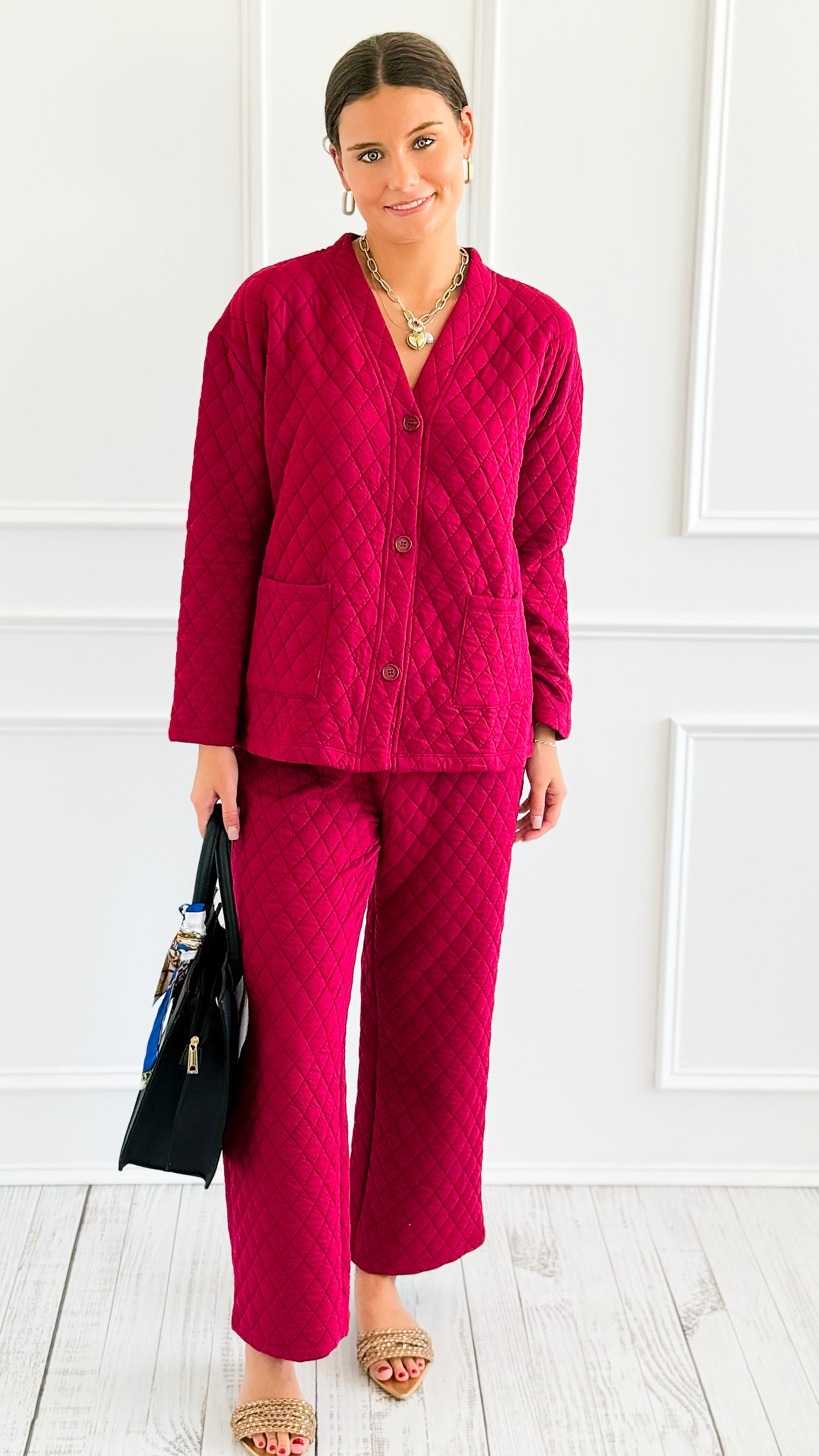 Quilted Jacket and Pants Set - Cabernet-210 Loungewear/Sets-Zenana-Coastal Bloom Boutique, find the trendiest versions of the popular styles and looks Located in Indialantic, FL