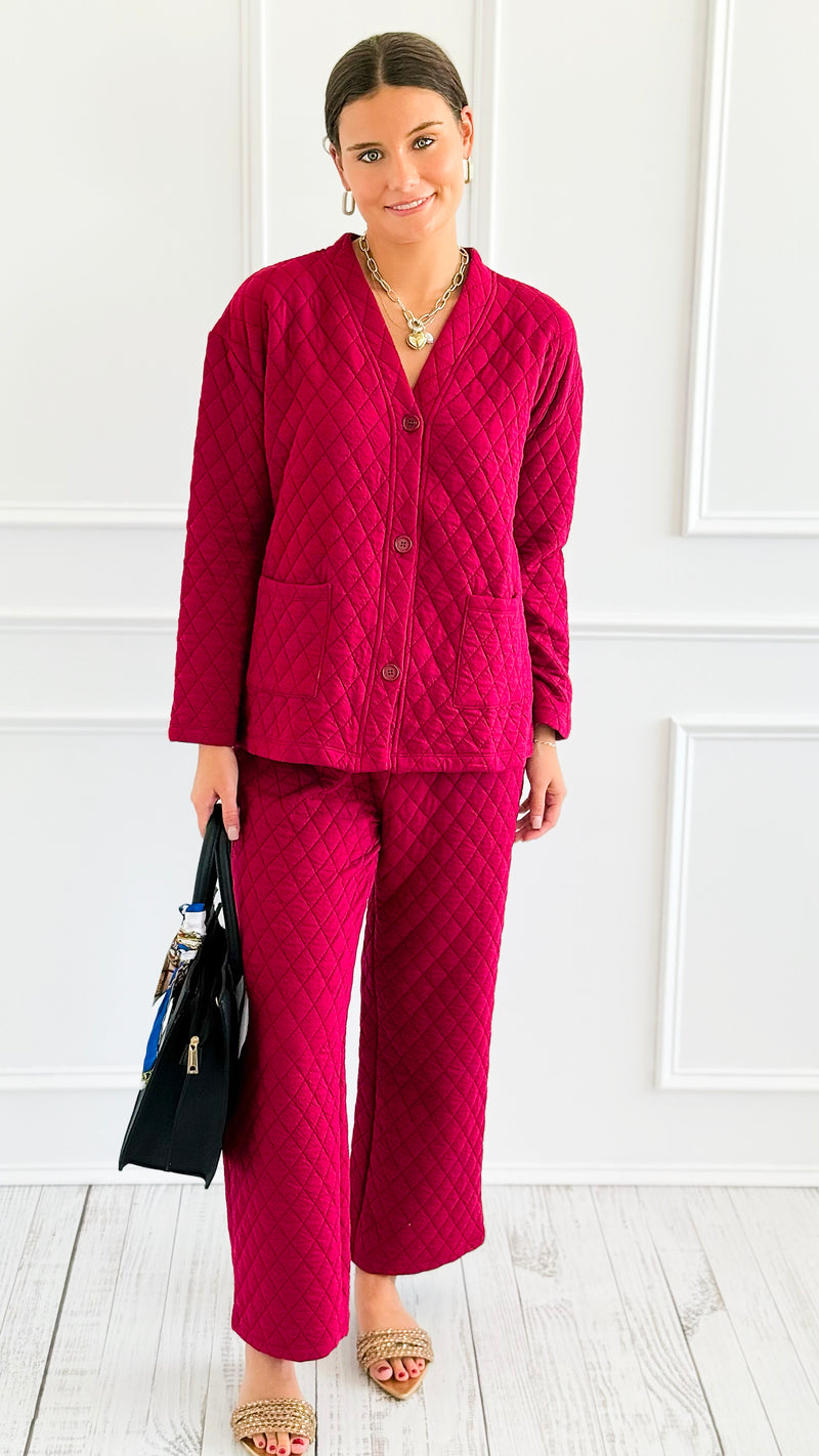 Quilted Jacket and Pants Set - Cabernet-210 Loungewear/Sets-Zenana-Coastal Bloom Boutique, find the trendiest versions of the popular styles and looks Located in Indialantic, FL