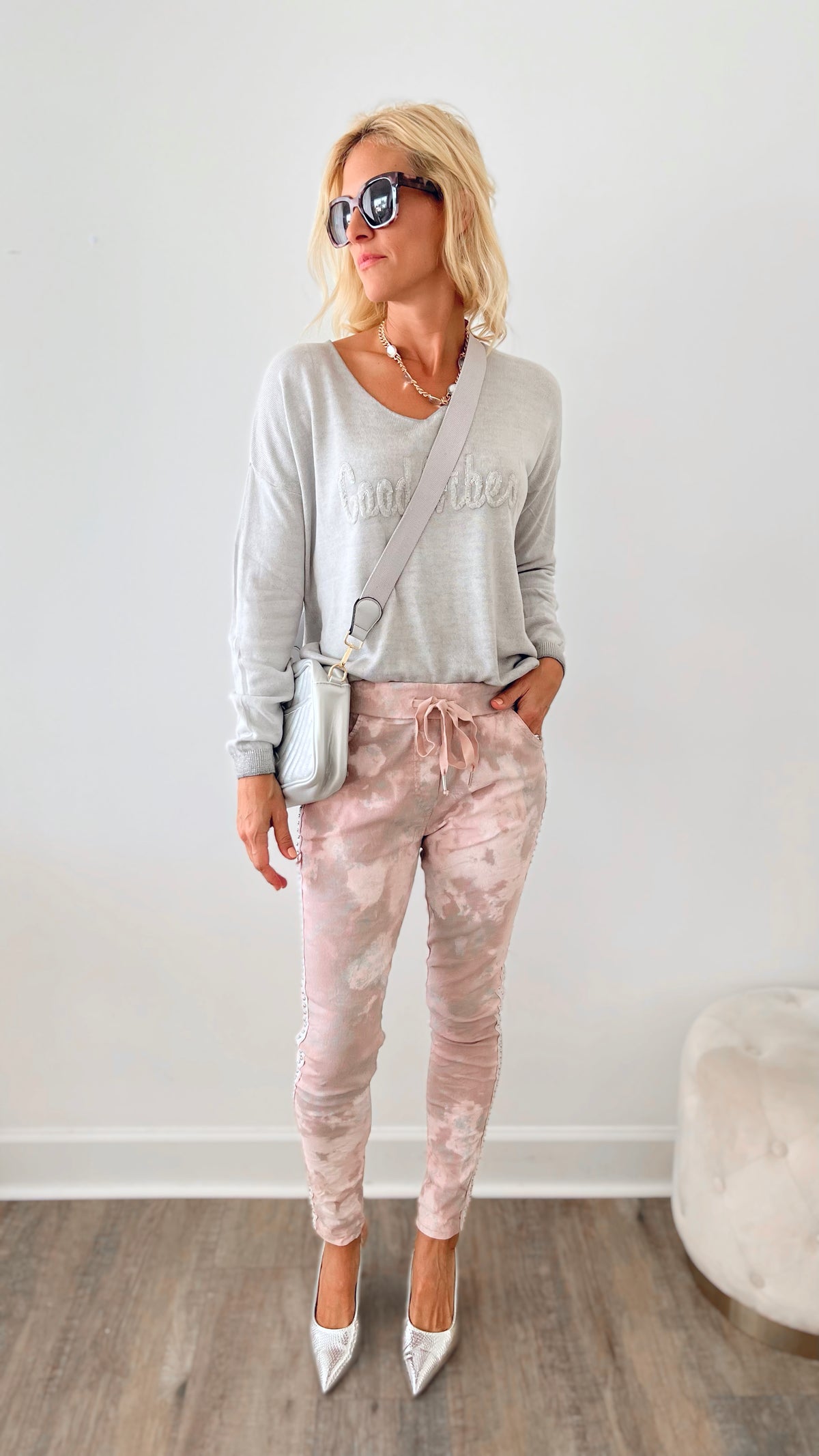 Silver Splatter Italian Crinkle Joggers - Blush-180 Joggers-Look Mode-Coastal Bloom Boutique, find the trendiest versions of the popular styles and looks Located in Indialantic, FL