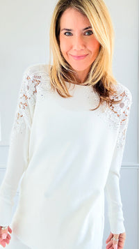 Lux Bloom Lace Shoulder Top - White-140 Sweaters-cinniya-Coastal Bloom Boutique, find the trendiest versions of the popular styles and looks Located in Indialantic, FL