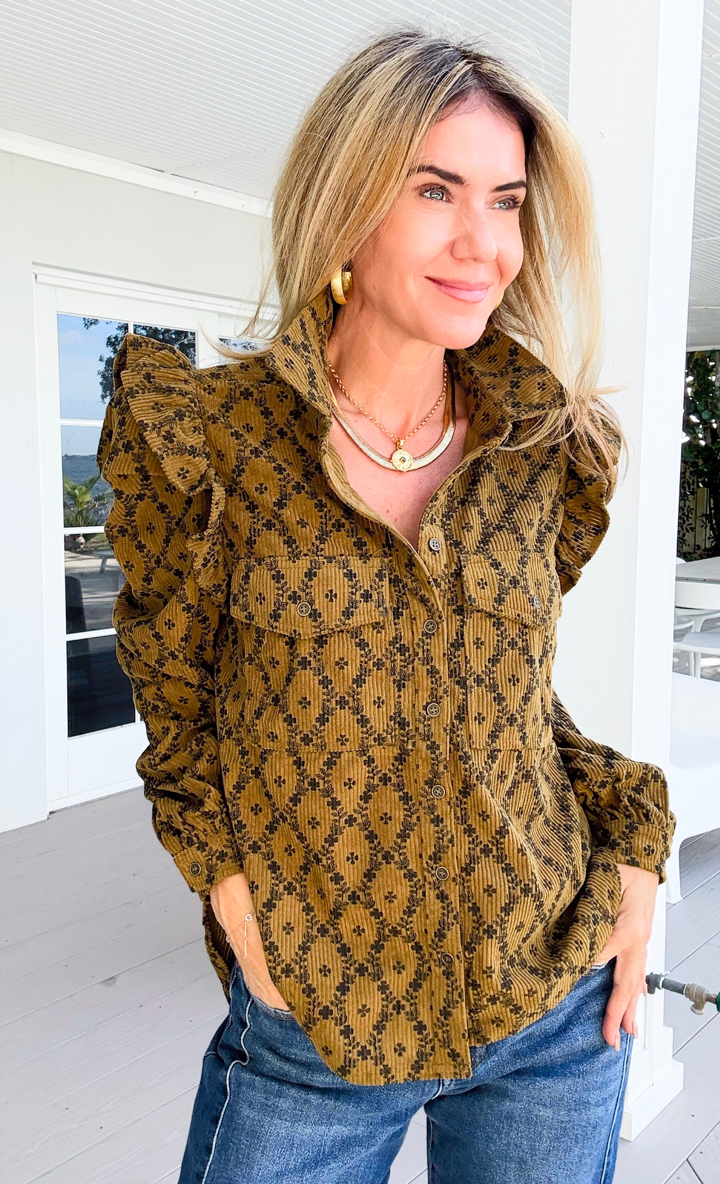 Heritage Ruffle Button Down Top