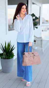 Perfectly Striped Italian Button Top- White/Beige