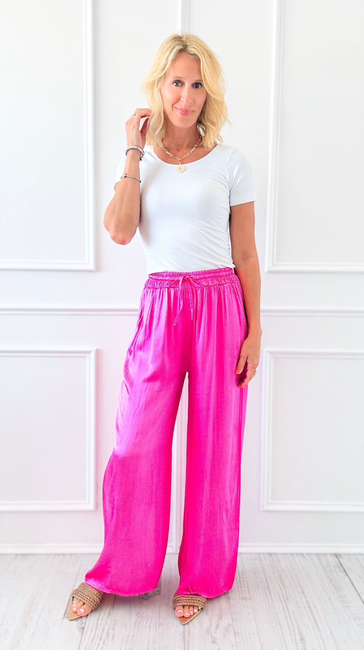 Angora Italian Satin Pant - Fuchsia-170 Bottoms-Italianissimo-Coastal Bloom Boutique, find the trendiest versions of the popular styles and looks Located in Indialantic, FL