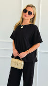 Relax Mode Two-Piece Slub Knit Set - Black-210 Loungewear/Sets-Zenana-Coastal Bloom Boutique, find the trendiest versions of the popular styles and looks Located in Indialantic, FL