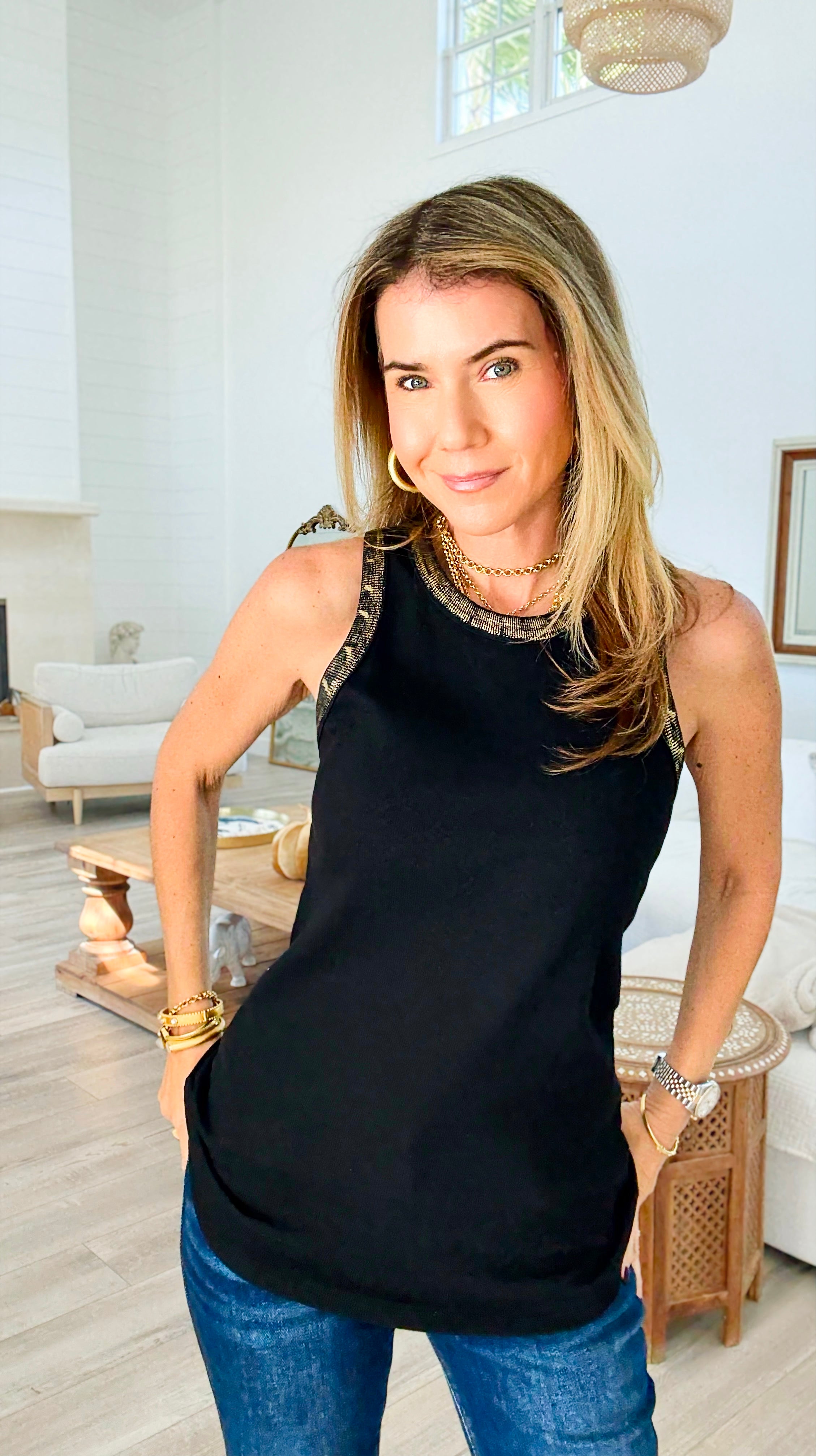 Metallic Foil Detailed Ribbed Italian Tank - Gold/Black-100 Sleeveless Tops-Italianissimo-Coastal Bloom Boutique, find the trendiest versions of the popular styles and looks Located in Indialantic, FL