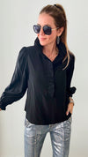 Ruffled Up Collar Button Down Poplin Blouse - Black-130 Long Sleeve Tops-&MERCI-Coastal Bloom Boutique, find the trendiest versions of the popular styles and looks Located in Indialantic, FL