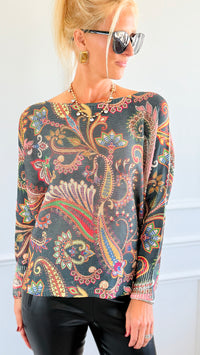 Garden Of Paisley Italian St Tropez Sweater- Dark Teal-140 Sweaters-SORPRESA-Coastal Bloom Boutique, find the trendiest versions of the popular styles and looks Located in Indialantic, FL