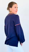 Tassel Contrast Cotton Tunic - Navy-130 Long Sleeve Tops-ARYEH-Coastal Bloom Boutique, find the trendiest versions of the popular styles and looks Located in Indialantic, FL